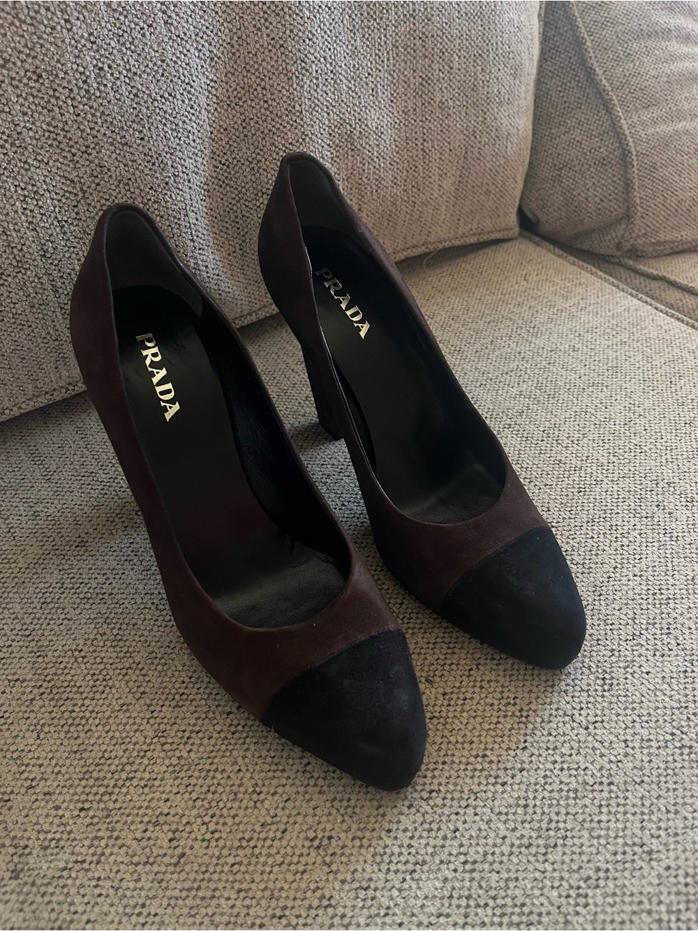 Gently worn Prada Two-Tone Suede Pointed Toe Pumps in Brown and Black